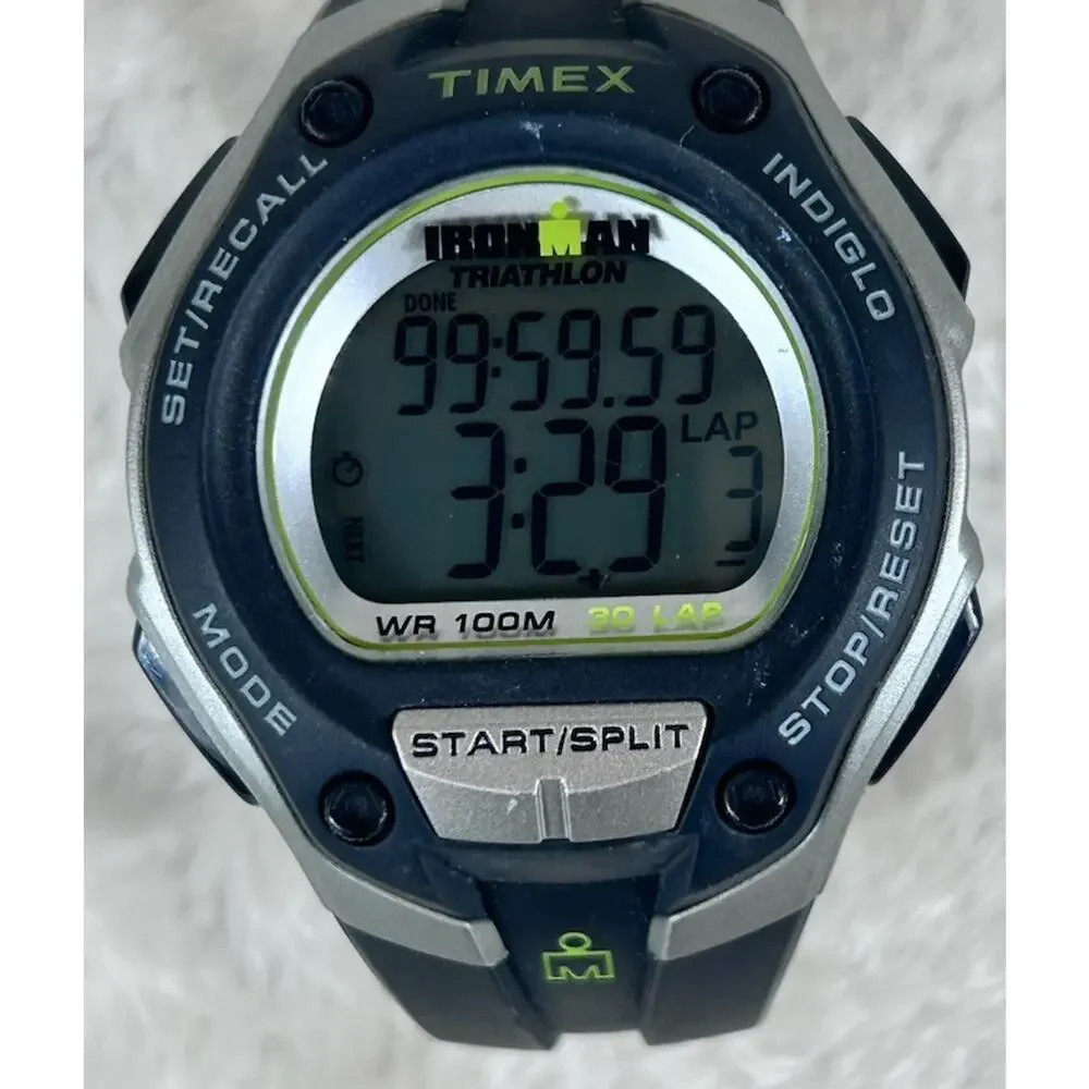 Timex Ironman Triathlon Digital Watch T5K413 Blue Black WR 100m 30-Lap - Works!